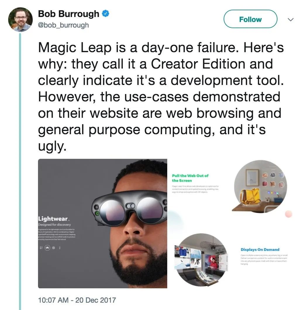 A post by Bob Burrough on December 20, 2017 calling Magic Leap a day-one failure, with a screenshot of the Magic Leap One Lightwear marketing page
