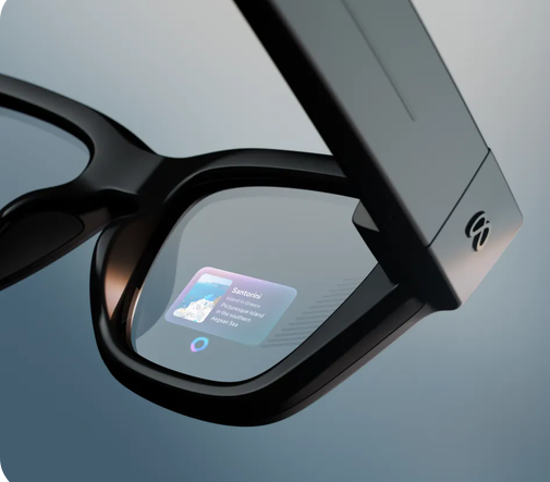 Close up of the Meta Ray-Ban Display glasses showing a small heads up display card inside the right lens